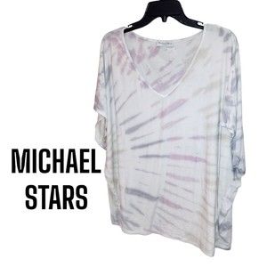 MICHAEL STARS Sz L Pink Gray White Tie Dye Bat Wing Sleeves V Neck Blouse Top